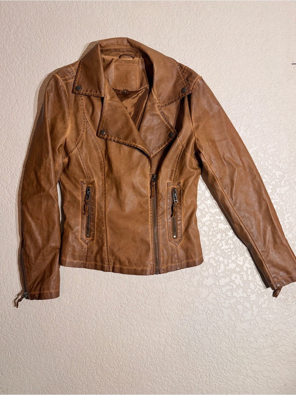 Max Studio Tan Brown Leather Moto Jacket
